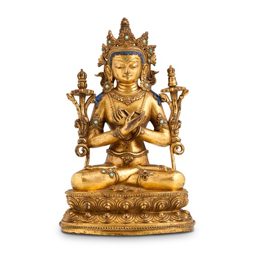 77 · A SINO-TIBETAN GILT BRONZE SEATED FIGURE OF BUDDHA, 18TH/19TH CENTURY OR EARLIER