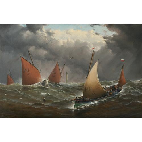 HAUGHTON FORREST (1826-1925) Fishing Boats off the Eddystone Lighthouse (also known as Around the Lighthouse) oil on board 30 x 45cm