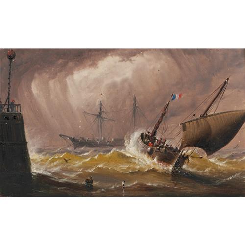 HAUGHTON FORREST (1826-1925) Sailing Vessel Running Free Towards Harbour oil on board 11.5 x 19.5cm