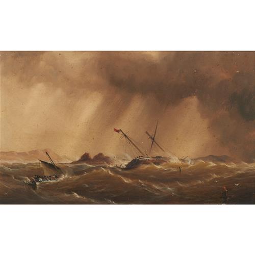 HAUGHTON FORREST (1826-1925) Ships in Storm oil on board 17.5 x 29.5cm