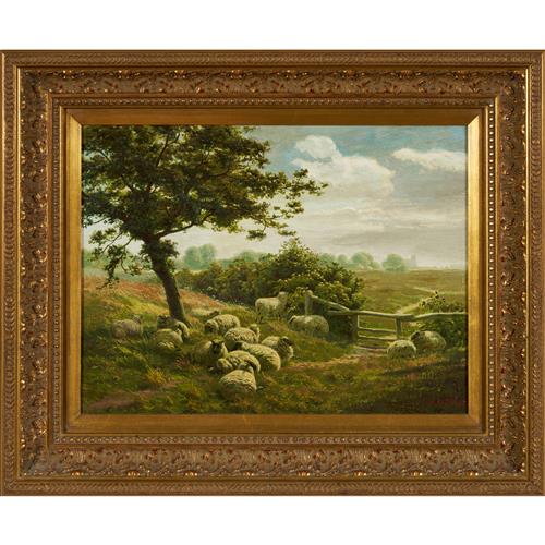 4 · HENRY BIRTLES (British, 1838-1907) Flock of Sheep at Rest Under an Oak Tree oil on board 29.5 x 39.5cm (45 x 55cm framed)