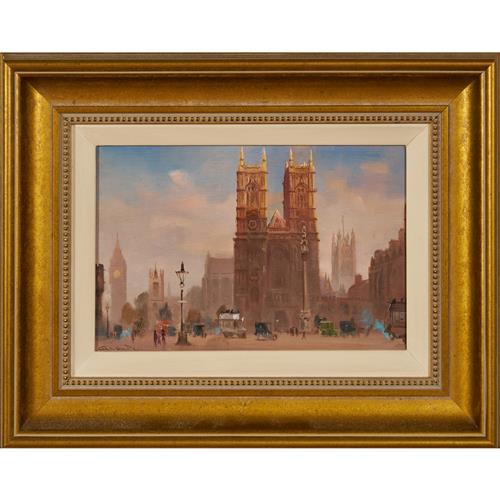 2 · GEORGE HYDE-POWNALL (British, 1876-1932) Westminster Abbey oil on board 14 x 22.5cm (28 x 36cm framed)