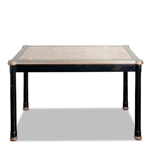 80 · A MODERN BRASS-MOUNTED BLACK-PAINTED WOOD SIDE TABLE, THE TOP WITH AN INSERTED VAREGIATED MARBLE SLAB 1980s Please see important inf...