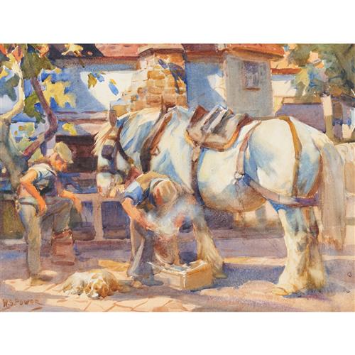 10 · HAROLD SEPTIMUS POWER (1878-1951) (Shoeing the Horse) watercolour on paper 31.5 x 42cm