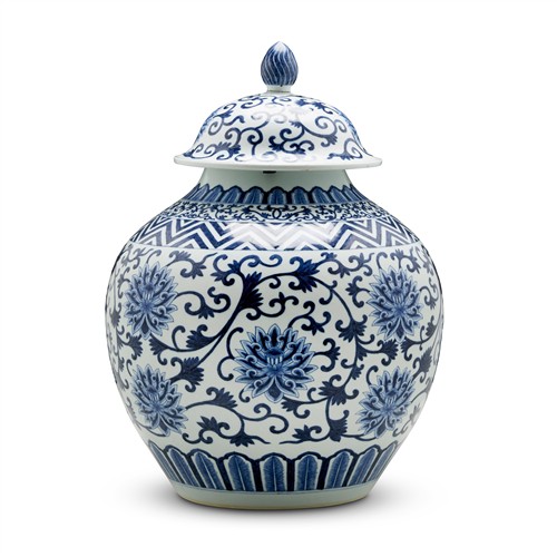 22 · A CHINESE RARE AND LARGE BLUE AND WHITE 'LOTUS' JAR AND COVER, GUANGXU SIX-CHARACTER UNDERGLAZE BLUE MARK AND OF THE PERIOD (1875 -..