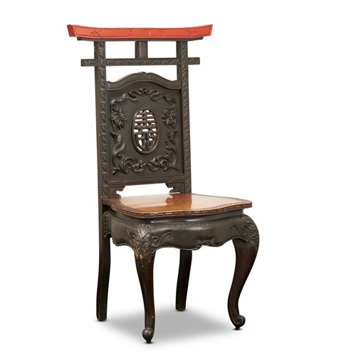 86 · AN ANTIQUE JAPANESE STAINED WOOD AND ELM SIDE CHAIR IN CHINESE MANNER Early 20th century Please see important information below rega...