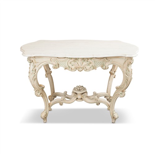 89 · A MARBLE AND CARVED AND PAINTED WOOD CENTRE TABLE IN LOUIS XV MANNER Mid-20th century Please see important information below regardi...