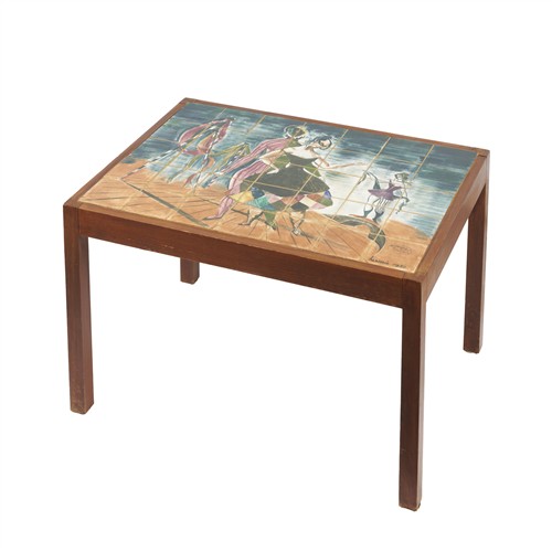 HERMIA BOYD (1931-2000) Harlequin Figures 1950 hand-painted earthenware tiles (35) inset into wooden table 56.5 x 77 x 46cm