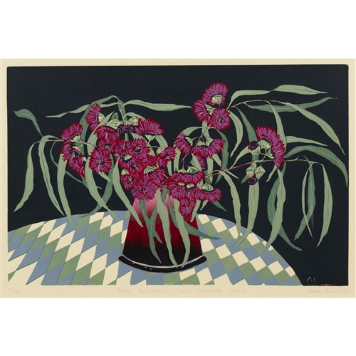 AILEEN BROWN (born 1946) Gum Blossoms and Checkered Cloth 1990 linocut, ed. 9/50 25 x 39cm