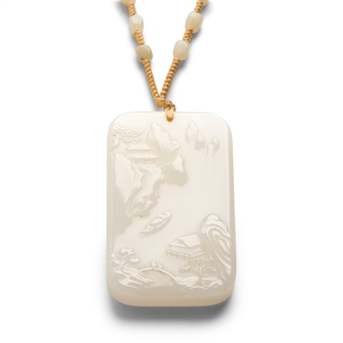 A Chinese White Jade Carved Plaque And Necklace