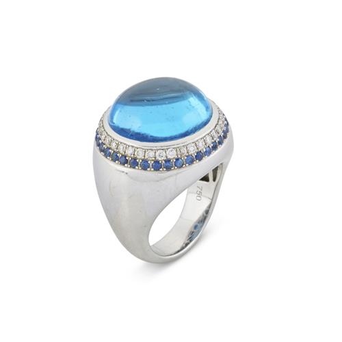 BLUE TOPAZ, SAPPHIRE AND DIAMOND RING