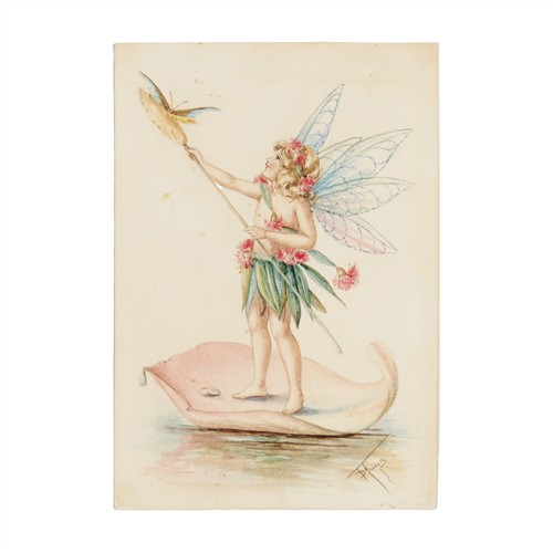 Dorothea FRANCIS (1903–1975) A fairy sailing on a rose petal Watercolour 15 x 10cm (sheet)