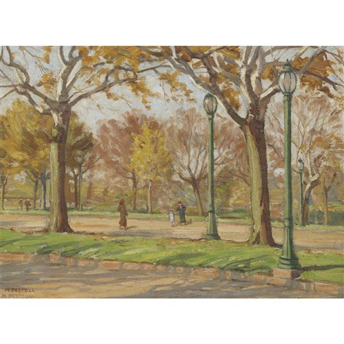 45 · MARGARET (MARNA) PESTELL (1894-1984) Autumn in St Kilda Road c.1936 oil on canvas laid on board 28 x 38.5cm