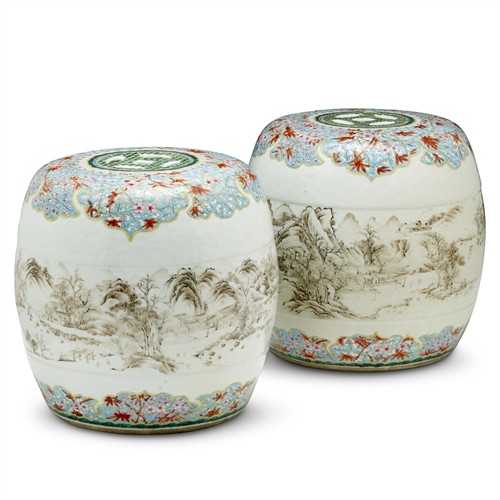 14 · A VERY RARE PAIR OF CHINESE FAMILLE ROSE AND GRISAILLE-DECORATED 'LANDSCAPE' STOOLS, YONGZHENG PERIOD (1723 - 1735)