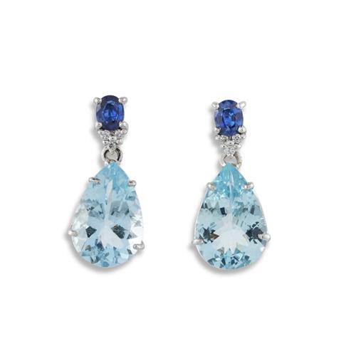 Pair Of Aquamarine, Sapphire And Diamond Earrings