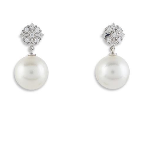 PAIR OF PEARL AND DIAMOND EARRINGS