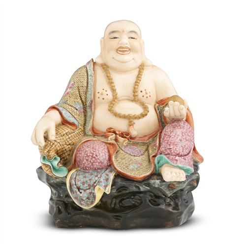28 · A CHINESE FAMILLE-ROSE SEATED FIGURE OF BUDAI, SEAL OF ZENG LONGSHENG (1901 - 1964)