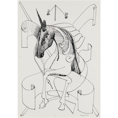 5 · CHARLES BLACKMAN (1928-2018) (Seated Unicorn) ink on paper 41 x 29cm; 63 x 53cm (frame)