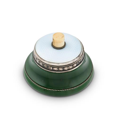 82 · A SILVER-MOUNTED GUILLOCHÉ ENAMEL AND NEPHRITE BELL PUSH BY FABERGÉ Early 20th century