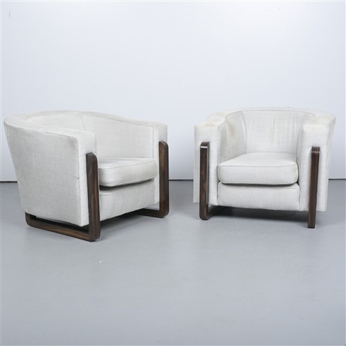 A PAIR OF ART DECO-STYLE WALNUT AND UPHOLSTERED ARMCHAIRS (67H X 86W X 105D CM)