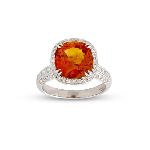 18ct White Gold, Mandarin Garnet And Diamond Ring