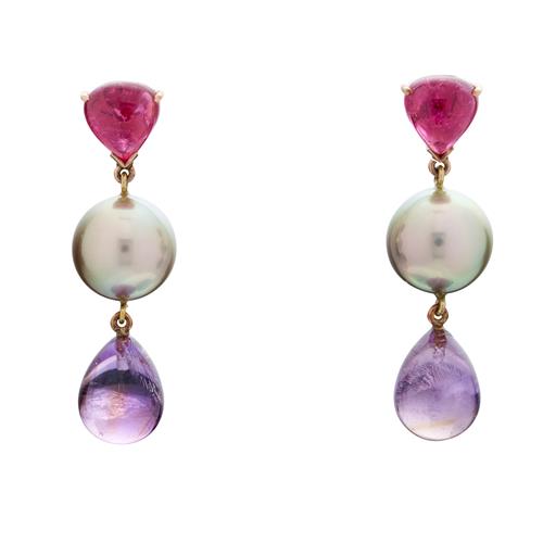 Pair Of Tahitian Pearl, Pink Tourmaline And Amethyst Drop Earrings