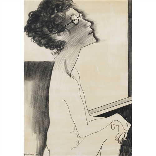 71 · CHARLES BLACKMAN (1928-2018) (Nude with Glasses) 1971 charcoal on paper 72.5 x 50.5cm; 97.5 x 73cm (frame)