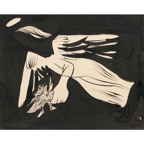 14 · CHARLES BLACKMAN (1928-2018) (Angel with Flowers) c.1954 ink on paper 28 x 35.5cm; 41 x 47.5cm (frame)