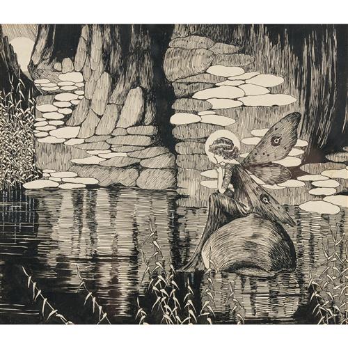 IDA RENTOUL OUTHWAITE (1888-1960) A Strayed Moonbeam ink and gouache on card preliminary sketch verso 24 x 30.5cm