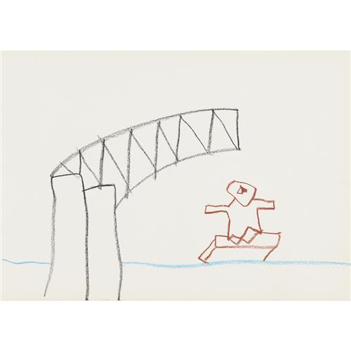 6 · SIDNEY NOLAN (1917-1992) (Figure and Sydney Harbour Bridge) c.1986 crayon on paper 30 x 42cm