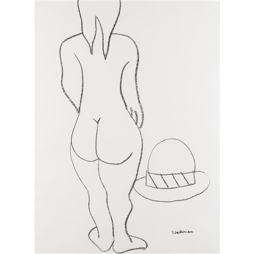 25 · CHARLES BLACKMAN (1928-2018) (Nude with Hat) c.1990 charcoal on paper 100 x 75cm; 122.5 x 97cm (frame)