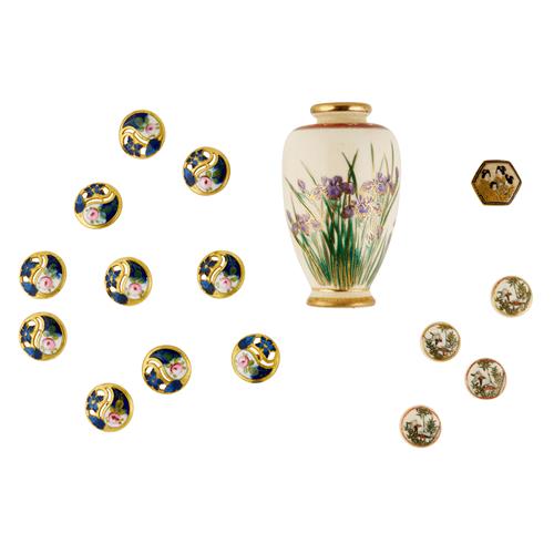 88 · A MINIATURE SATSUMA VASE, A SET OF FOUR SATSUMA BUTTONS AND ANOTHER SIMILAR, TOGETHER WITH TEN GILT AND ENAMEL BUTTONS