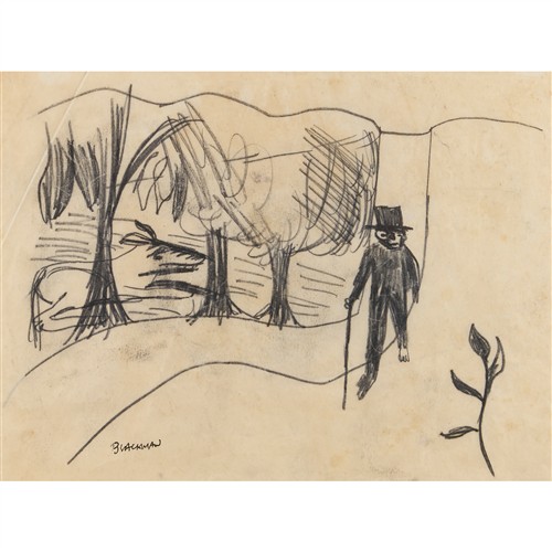 27 · CHARLES BLACKMAN (1928-2018) (Man with Cane) c.1950 charcoal on paper 29 x 39cm; 51 x 59.5cm (frame)
