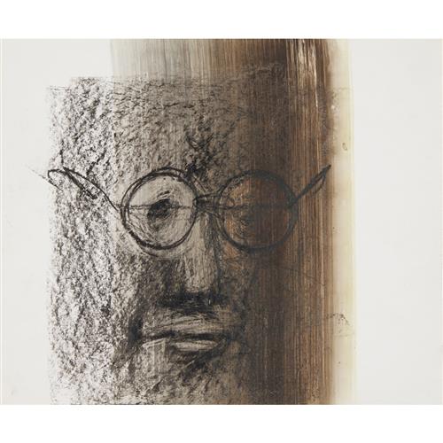 11 · SIDNEY NOLAN (1917-1992) (Man wearing round glasses) c.1958 mixed media and crayon rubbing on paper 30.5 x 25.5cm