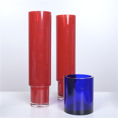 A Pair Of Red Glass Vases And Smaller Blue Glass Vase (49h X 12dia Cm)