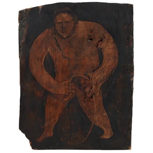 BRUCE ARMSTRONG (1957-2024) The Beginning of Things 1991 painted hand-carved redgum 88 x 70 x 3.5 (irregular)