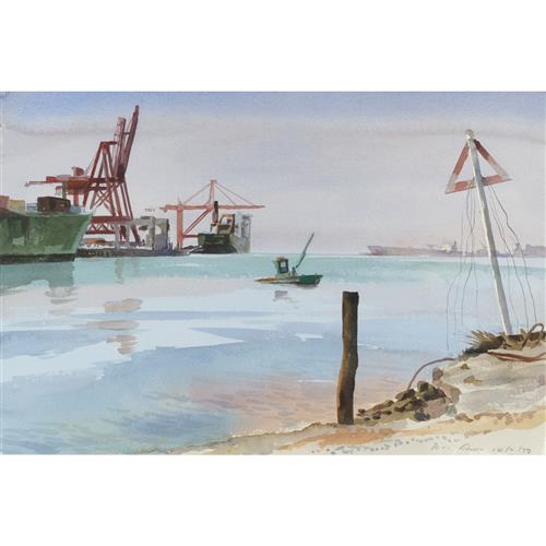 91 · RICK AMOR (born 1948) Webb Dock, Melbourne 1997 watercolour on paper 37 x 55.5cm
