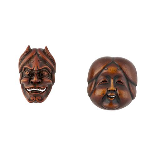 97 · TWO SIGNED JAPANESE BOXWOOD NOH MASK NETSUKE