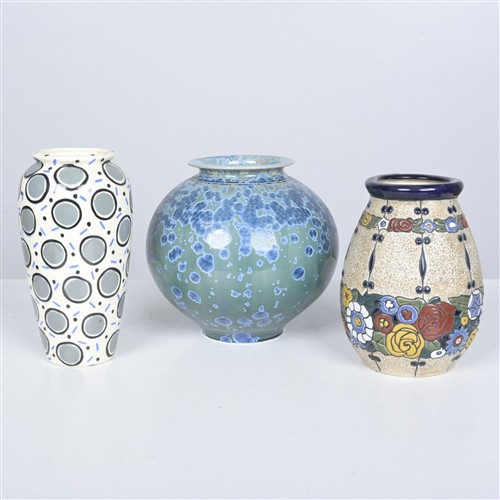 A GROUP OF THREE CERAMIC VASES INCLUDING A SIGNED VASE 'MONKEY', BLUE AND GREEN GLAZE VASE AND CZHECKOSLOVAKIAN AMPHORA VASE (26H X..