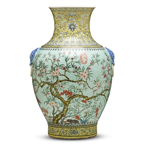 18 · A LARGE CHINESE DAYAZHAI FAMILLE ROSE AND EN GRISAILLE-DECORATED TURQUOISE -GROUND BALUSTER VASE, FOUR-CHARACTER YONG QING CHANG CHU...
