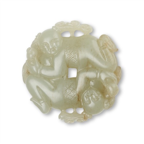 A Chinese Celadon Jade Twin-Boy Pendant, Qing Dynasty (1644 - 1911)