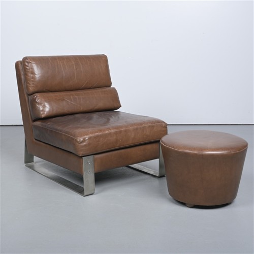 A Bespoke Leather Upholstered Lounge Chair With Matching Ottoman (82h X 70w X 76d)