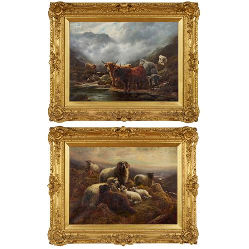 3 · ROBERT WATSON (British, 1855-1921) Highland Cattle Watering; and Highland Sheep on a Hilltop oil on canvas (2) Each 56 x 76cm (80 x...