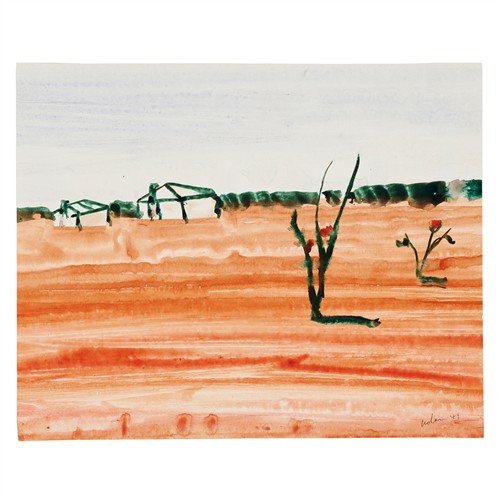 10 · SIDNEY NOLAN (1917-1992) (Landscape and station buildings, North-West Australia) 1949 mixed media on paper 20.5 x 25.5cm