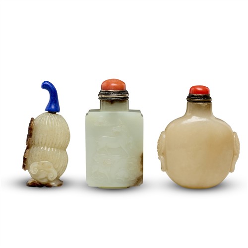 A Group Of Three Chinese White Jade Snuff Bottles, Qing Dynasty (1644 - 1911)