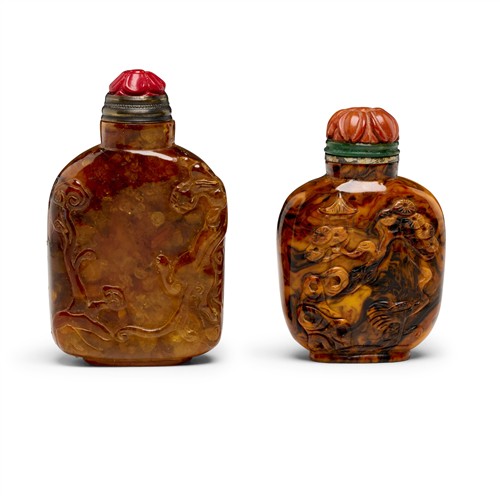 Two Chinese Carved Amber Snuff Bottles, Qing Dynasty (1644 - 1911)