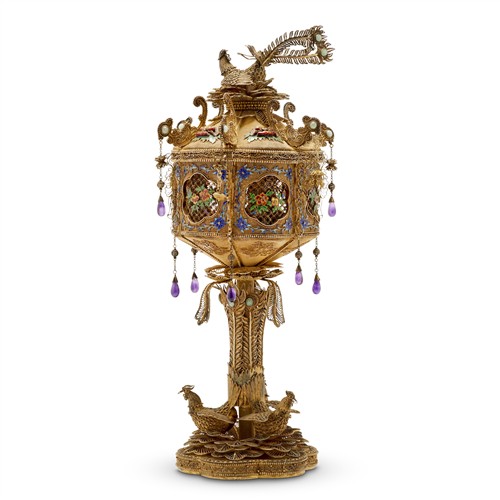 A Chinese Gilt-Silver Enamel And Semi-Precious Stone Inlay Phoenix Lamp, Republic Period, Early 20th Century