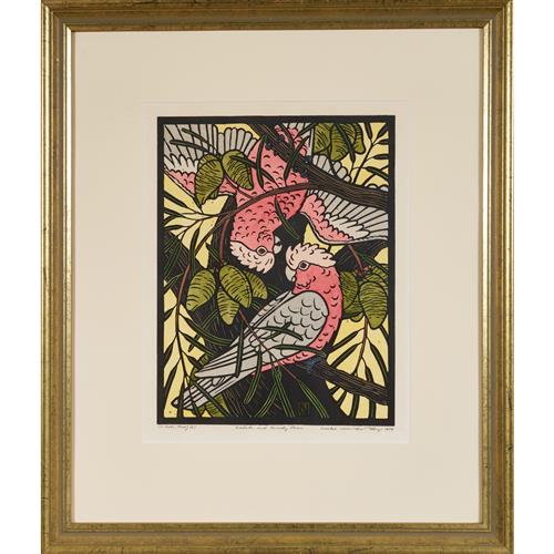 22 · LESLIE VAN DER SLUYS (1939-2010) Galahs and Woody Pear 1984 linocut, 1st state proof 2 38.5 x 29.5cm (69 x 59cm framed)