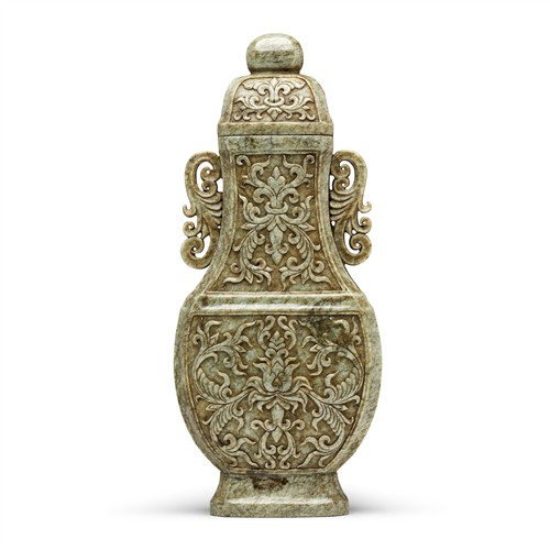88 · A FINE CHINESE CALCIFIED GREY JADE VASE AND COVER, QING DYNASTY (1644 - 1911)