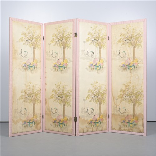 A MID-20TH CENTURY PRINTED SILK SCREEN FOLDING ROOM DIVIDER (164H X 58W CM PER PANEL)
